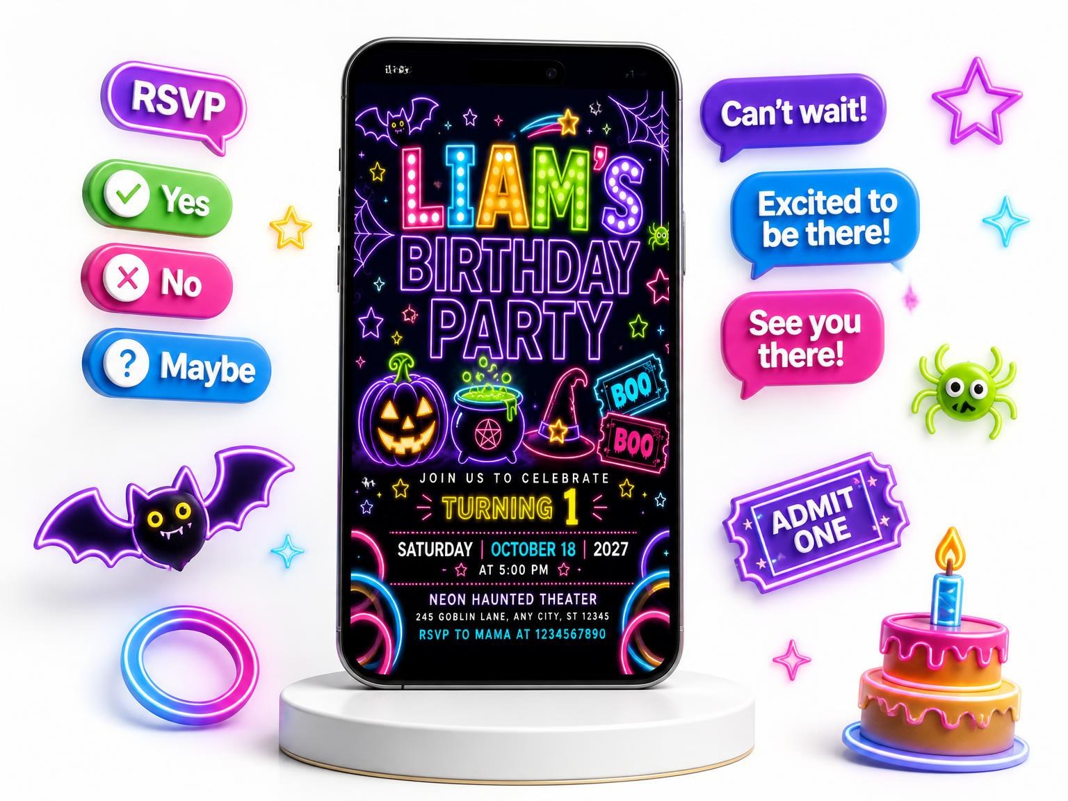The Neon Halloween Glow 1st Birthday Invitation invitation on a phone, with guest RSVPs arriving around it
