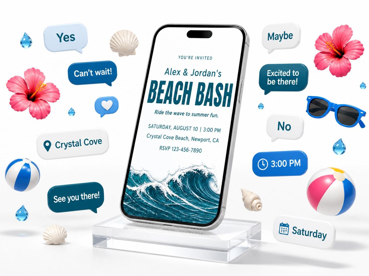 The Navy Wave Graphic Summer Party invitation on a phone, with guest RSVPs arriving around it