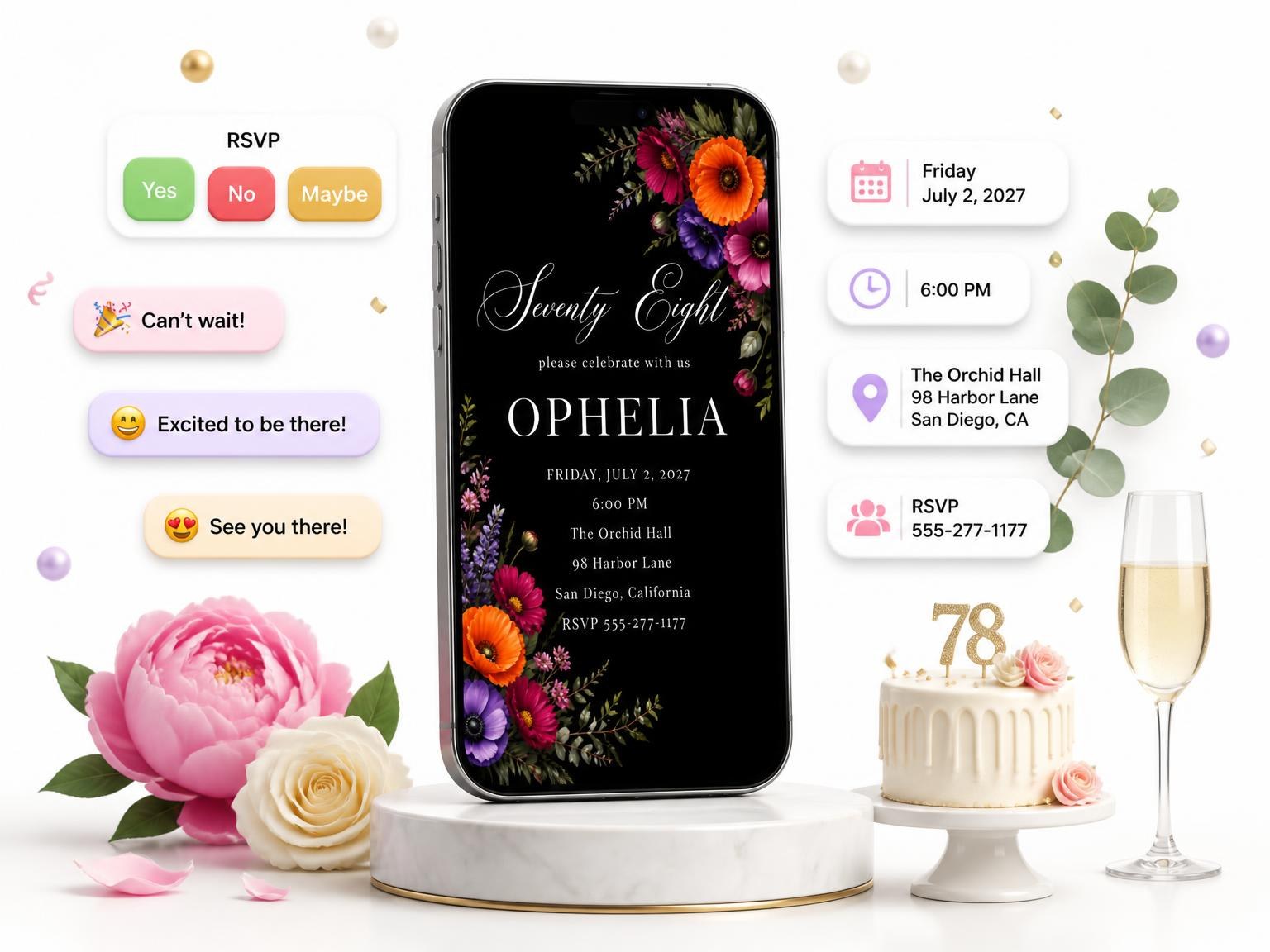 The Black Floral 78th Birthday Invitation invitation on a phone, with guest RSVPs arriving around it