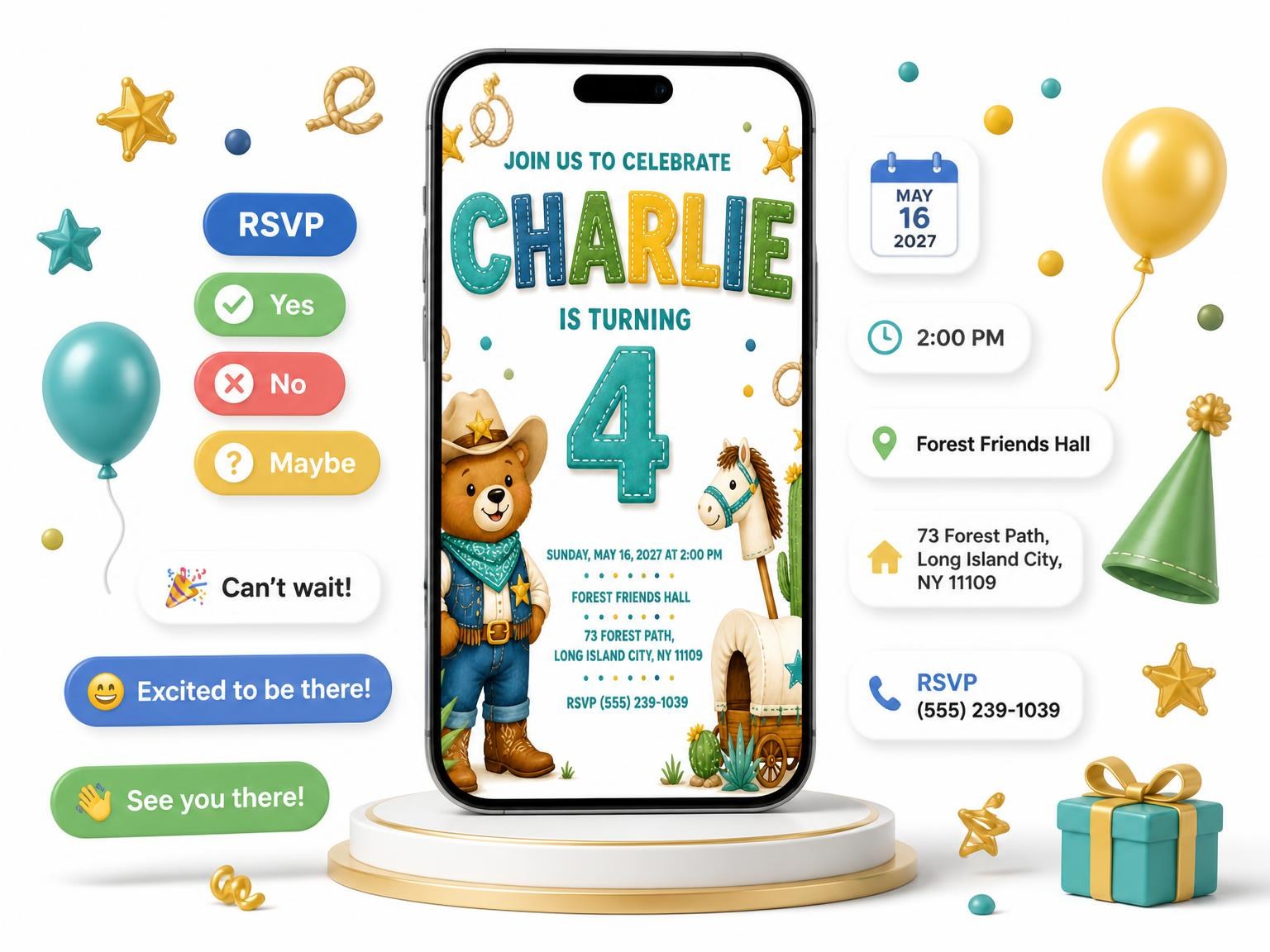 The Bear Sheriff Stitched 4th Birthday Invitation invitation on a phone, with guest RSVPs arriving around it