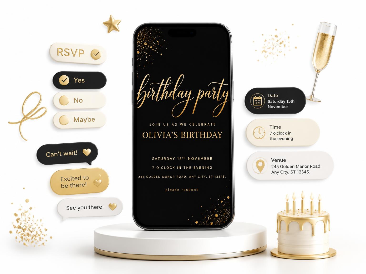The Black and Gold Birthday Invitation invitation on a phone, with guest RSVPs arriving around it
