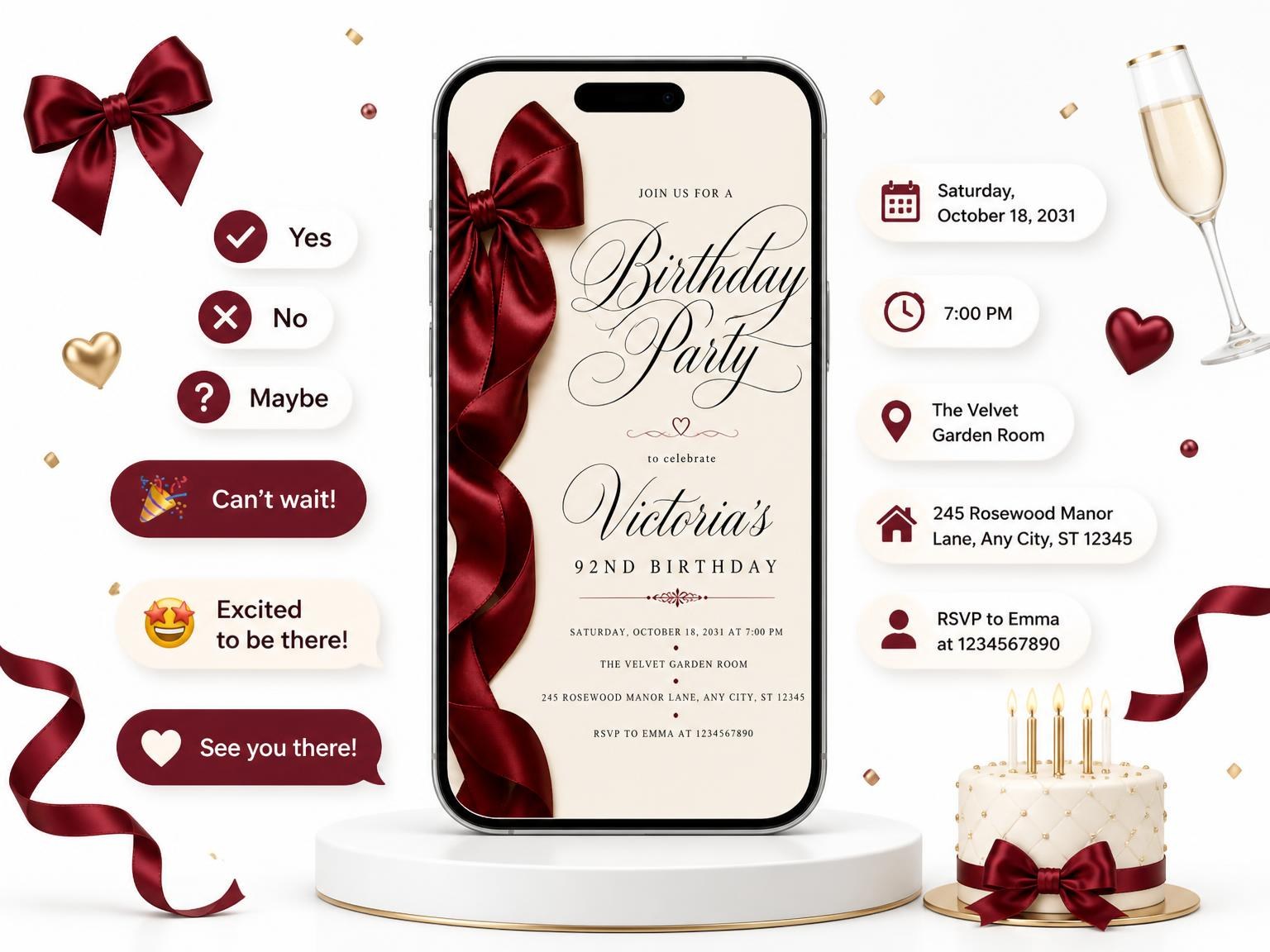 The Burgundy Satin Bow 92nd Birthday Invitation invitation on a phone, with guest RSVPs arriving around it