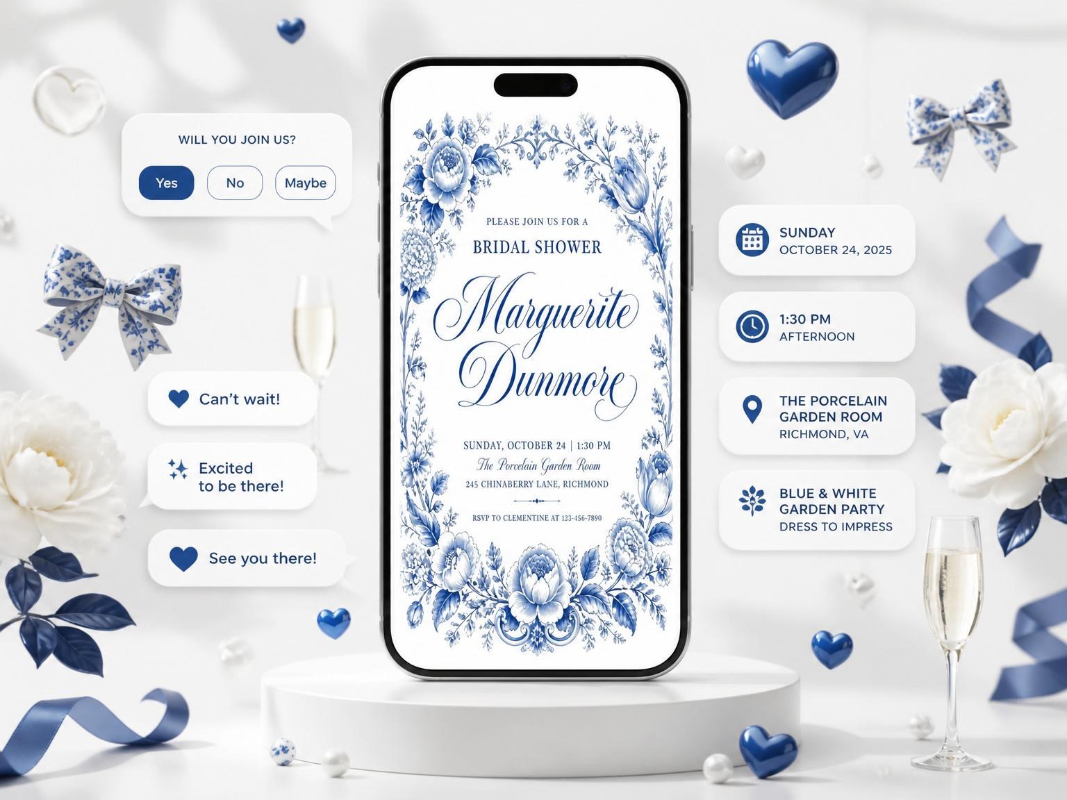 The Blue and White Porcelain Bridal Shower invitation on a phone, with guest RSVPs arriving around it