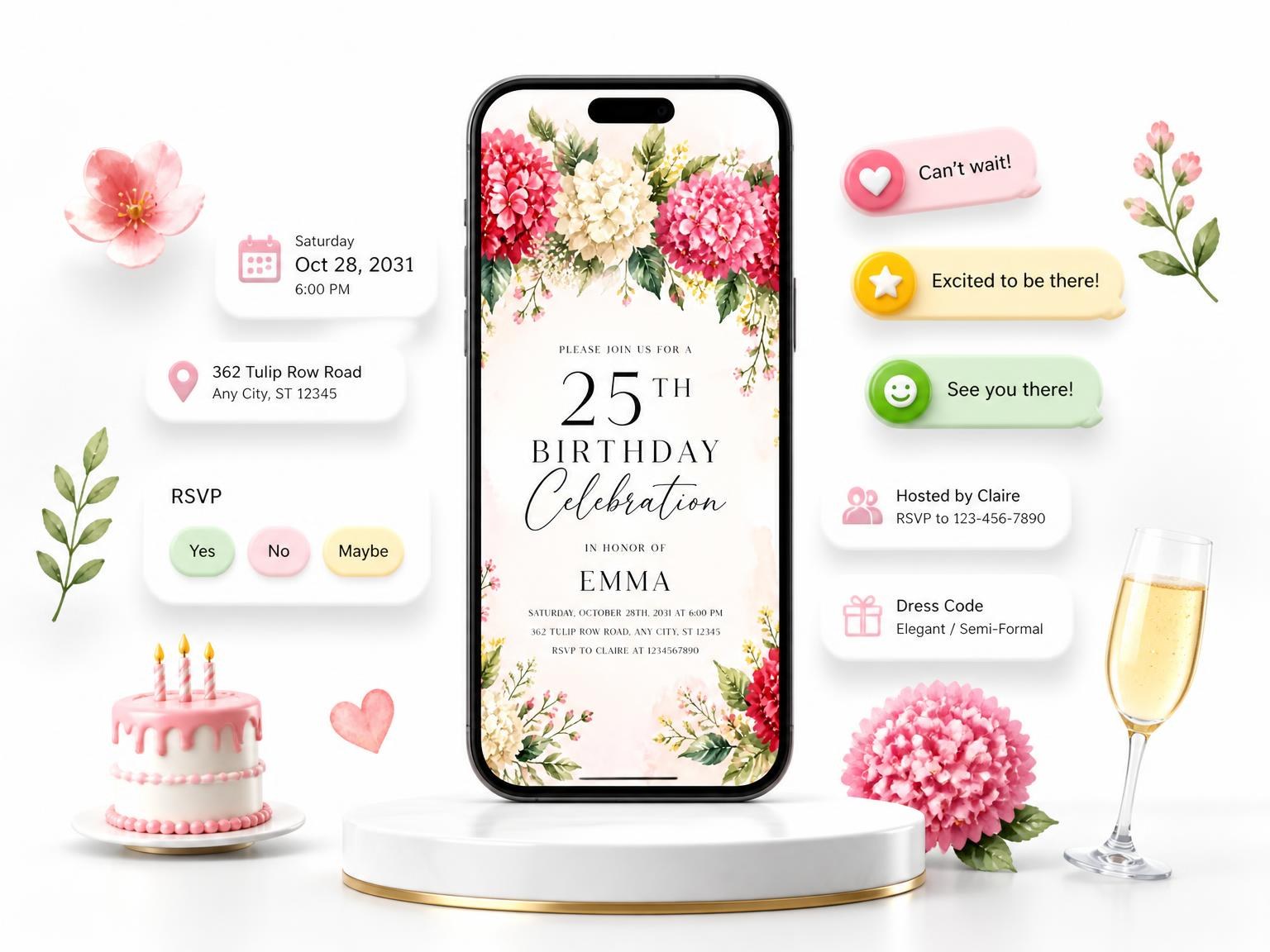 The Blooms Foliage Scarlet 25th Birthday Invitation invitation on a phone, with guest RSVPs arriving around it