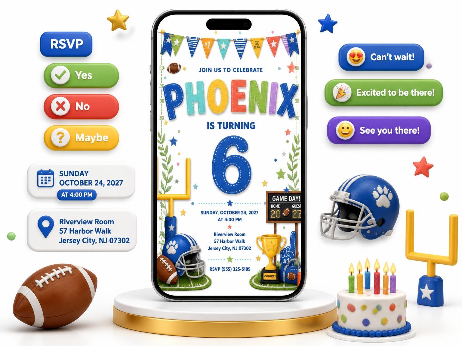 The Stitched Football 6th Birthday Invitation invitation on a phone, with guest RSVPs arriving around it