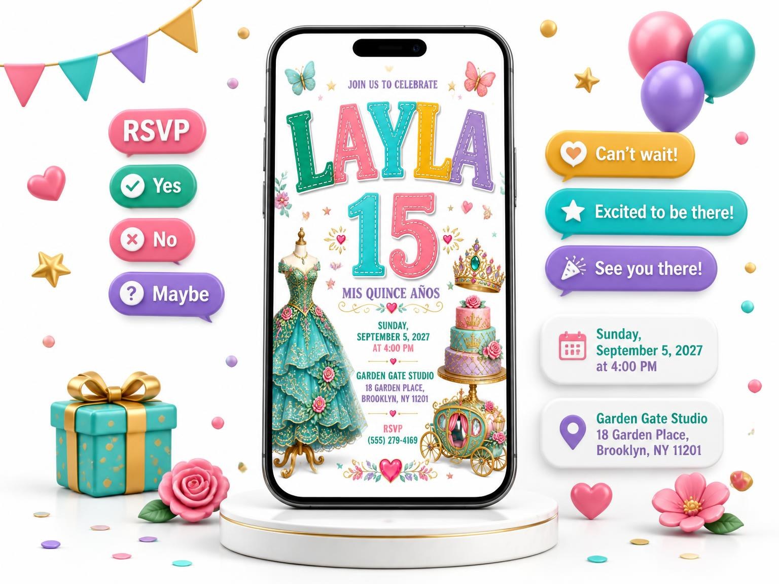 The Royal Carriage Quinceañera Invitation invitation on a phone, with guest RSVPs arriving around it