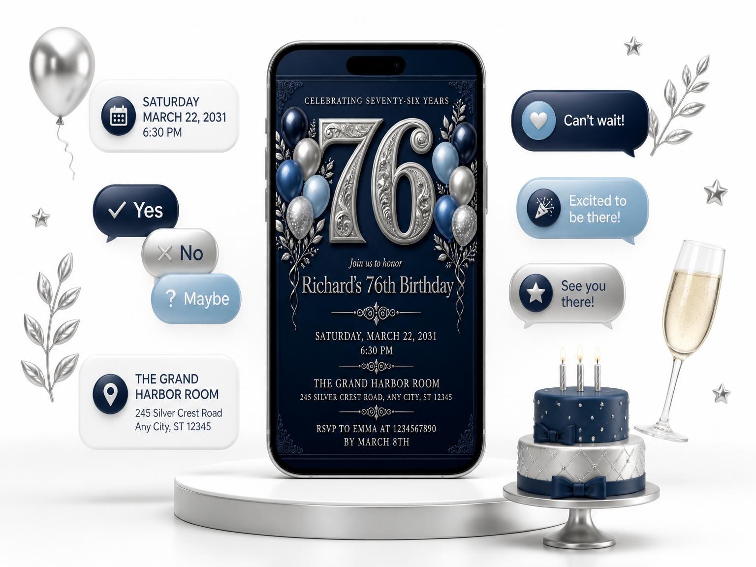 The Navy and Silver 76th Birthday Invitation invitation on a phone, with guest RSVPs arriving around it