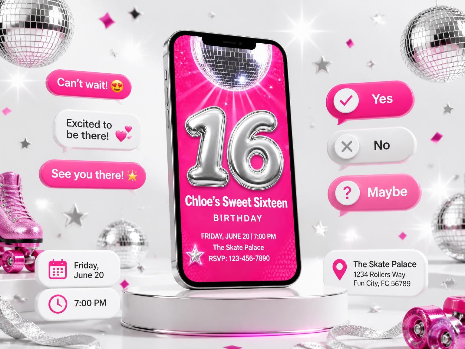 The Pink Disco Ball 16th Birthday invitation on a phone, with guest RSVPs arriving around it
