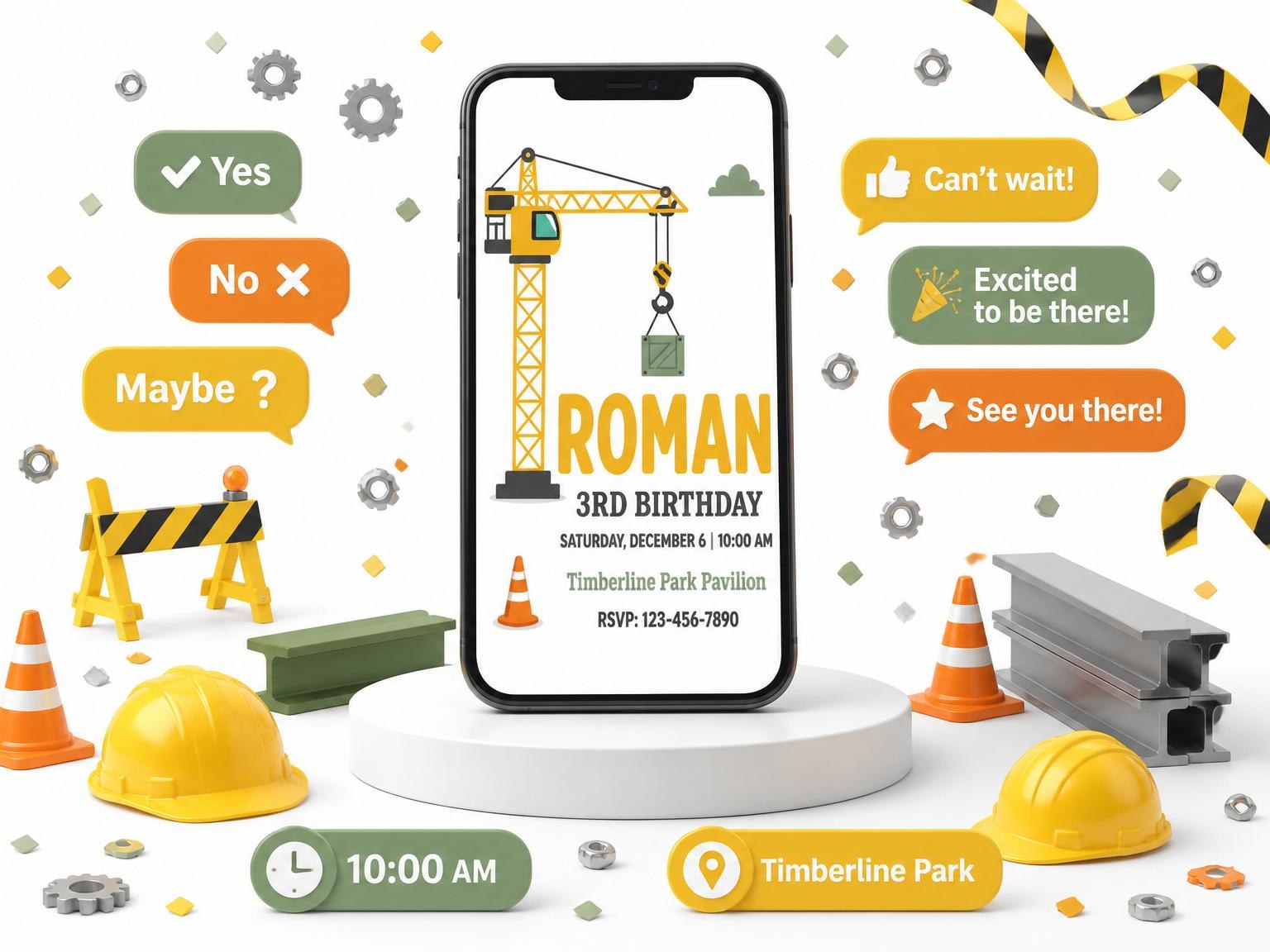 The Yellow Crane Construction Site 3rd Birthday invitation on a phone, with guest RSVPs arriving around it