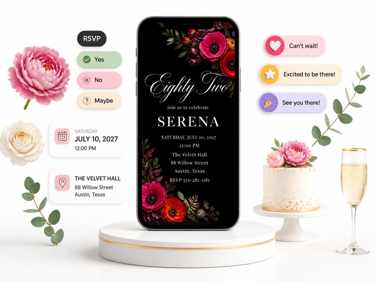 The Black Floral 82nd Birthday Invitation invitation on a phone, with guest RSVPs arriving around it