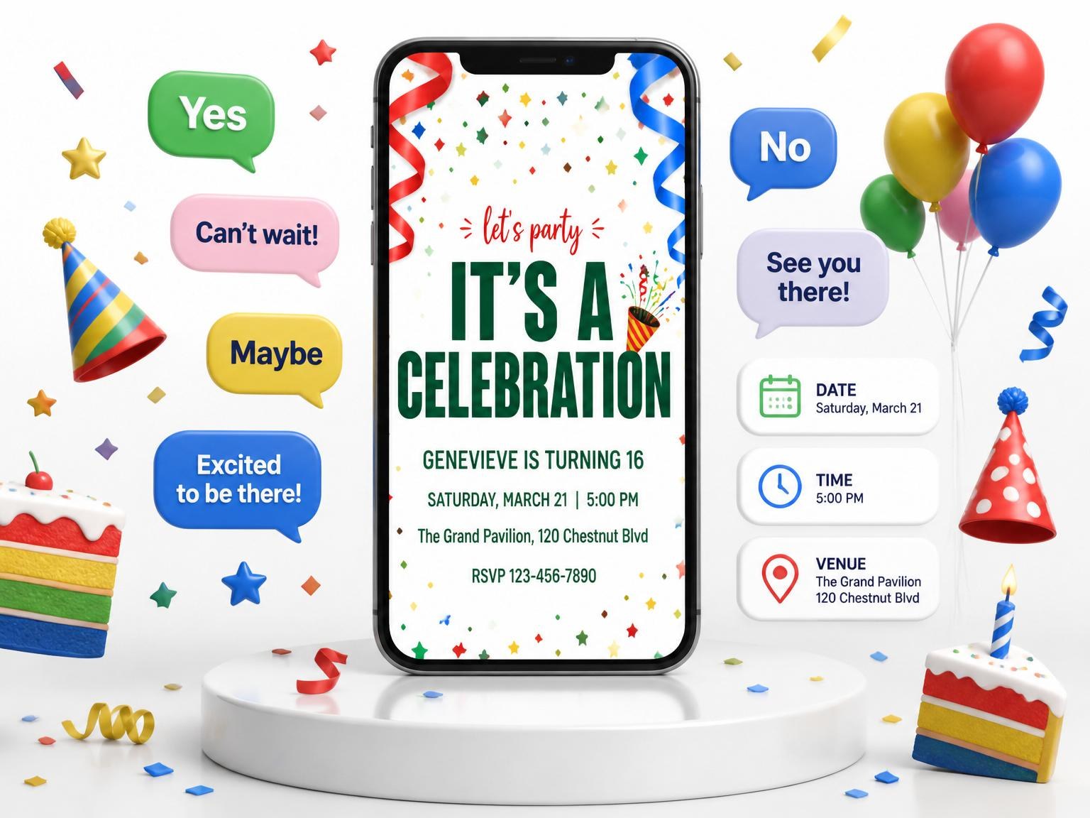 The Confetti Streamer Primary 16th Birthday Invitation invitation on a phone, with guest RSVPs arriving around it