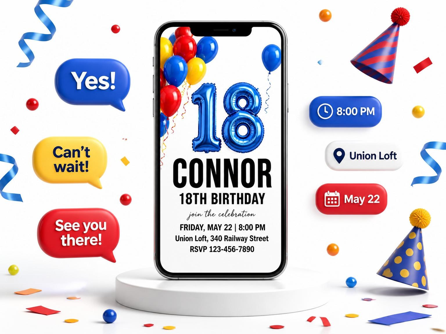 The Primary Balloon 18th Birthday Invitation invitation on a phone, with guest RSVPs arriving around it