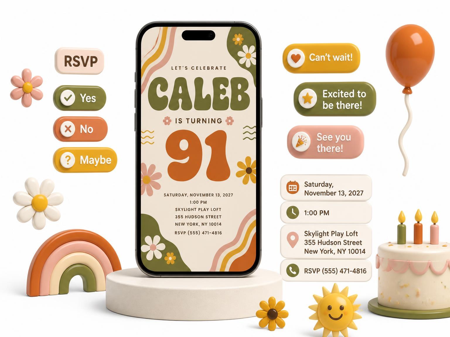 The Groovy Retro 91st Birthday Invitation invitation on a phone, with guest RSVPs arriving around it