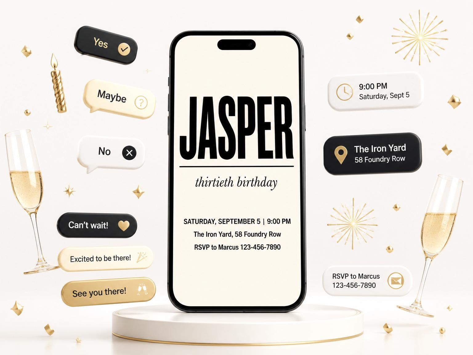The Minimalist Black and Cream 30th Birthday Invitation invitation on a phone, with guest RSVPs arriving around it