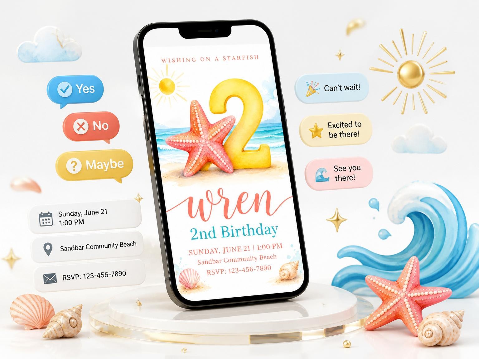 The Watercolor Starfish Beach Second Birthday invitation on a phone, with guest RSVPs arriving around it