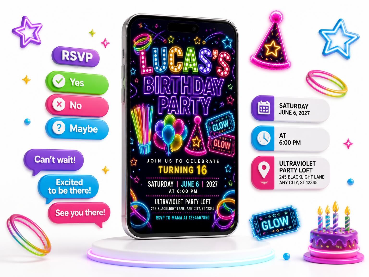 The Neon Glow Party 16th Birthday Invitation invitation on a phone, with guest RSVPs arriving around it