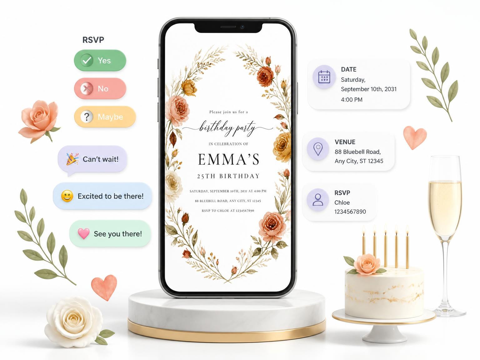 The Terracotta Floral Wreath 25th Birthday Invitation invitation on a phone, with guest RSVPs arriving around it