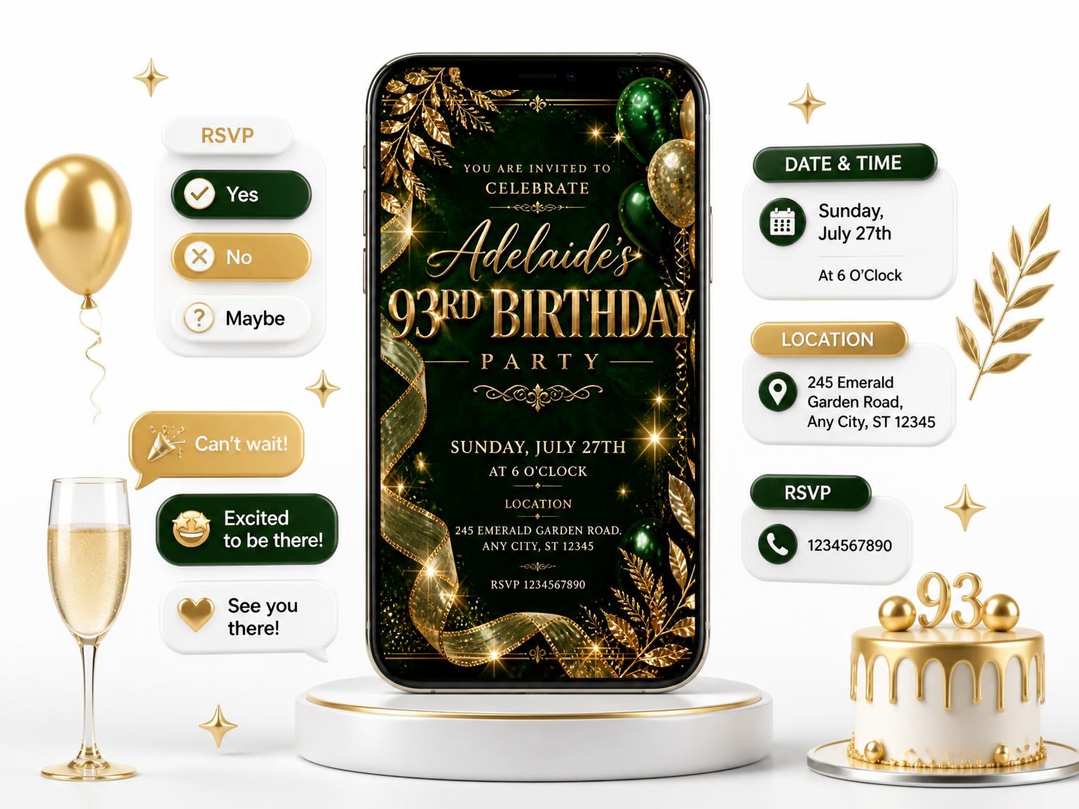 The Emerald and Champagne 93rd Birthday Invitation invitation on a phone, with guest RSVPs arriving around it