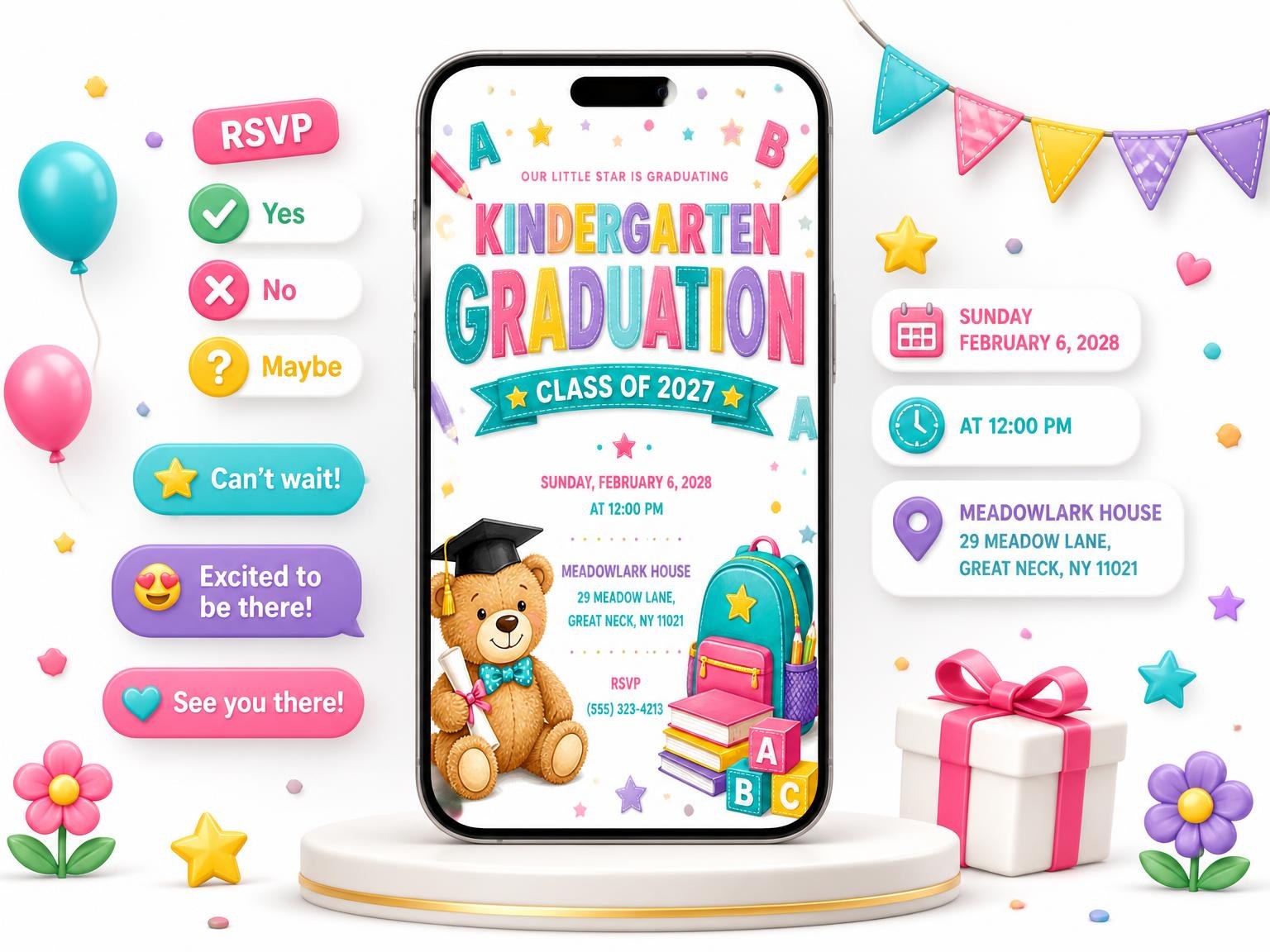 The Teddy Bear Graduation Invitation invitation on a phone, with guest RSVPs arriving around it