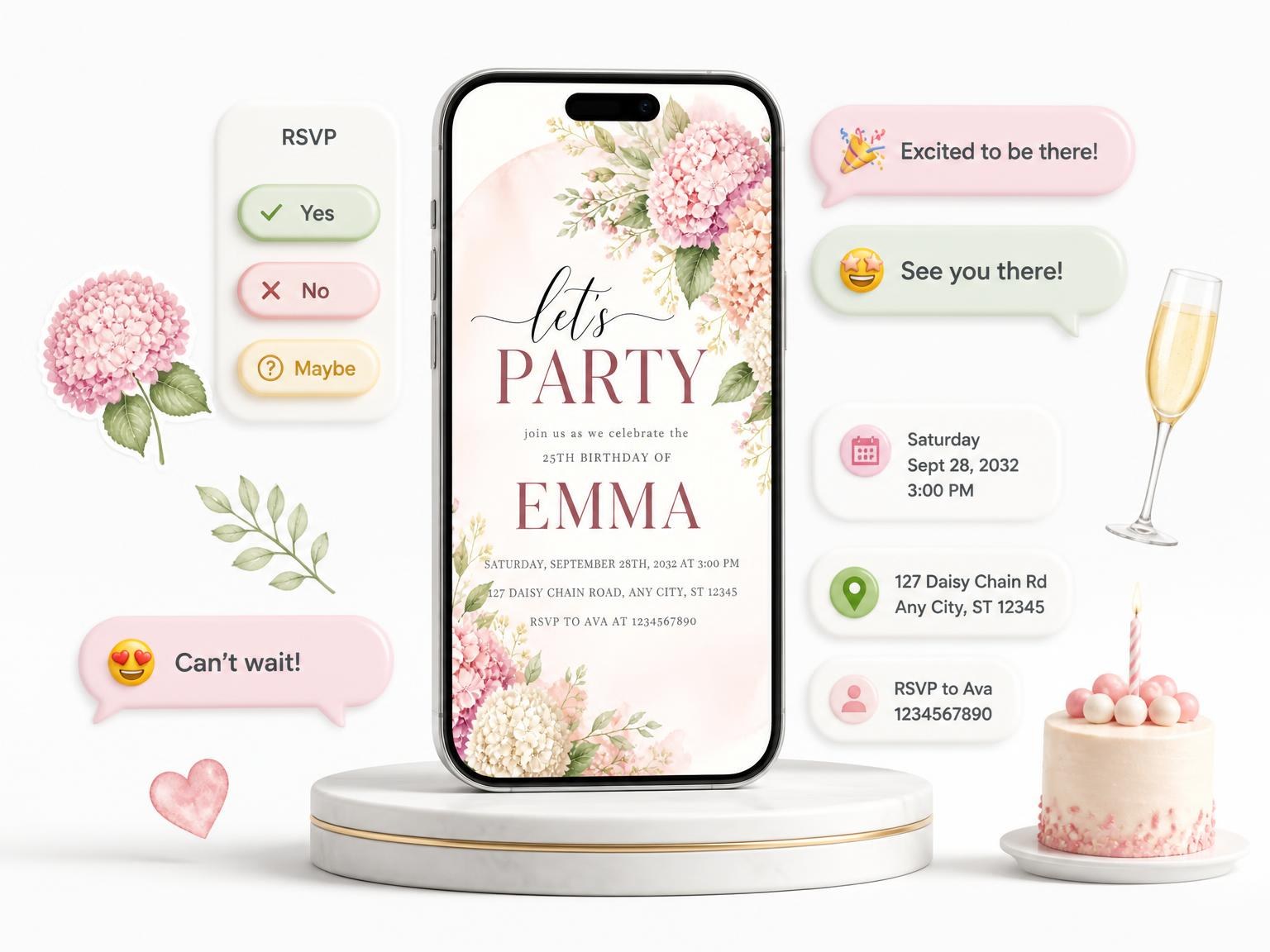 The Hydrangea Bouquet Blush 25th Birthday Invitation invitation on a phone, with guest RSVPs arriving around it