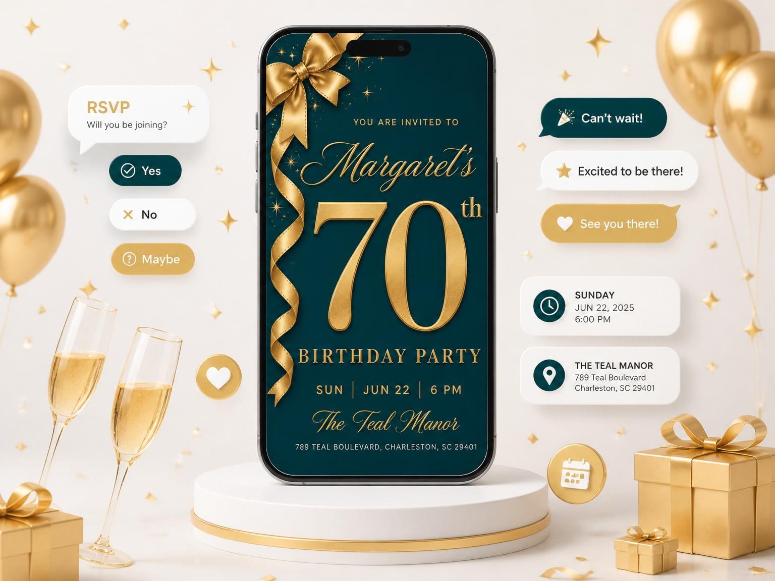The Teal and Gold Ribbon 70th Birthday invitation on a phone, with guest RSVPs arriving around it