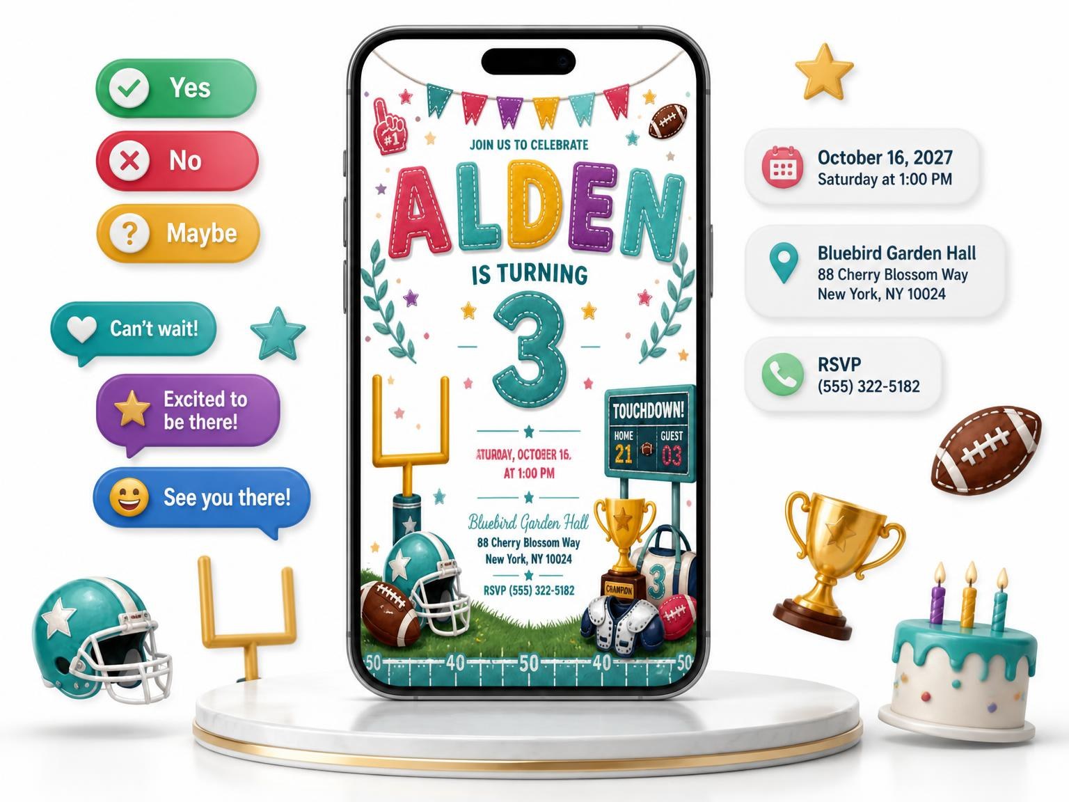 The Stitched Football 3rd Birthday Invitation invitation on a phone, with guest RSVPs arriving around it