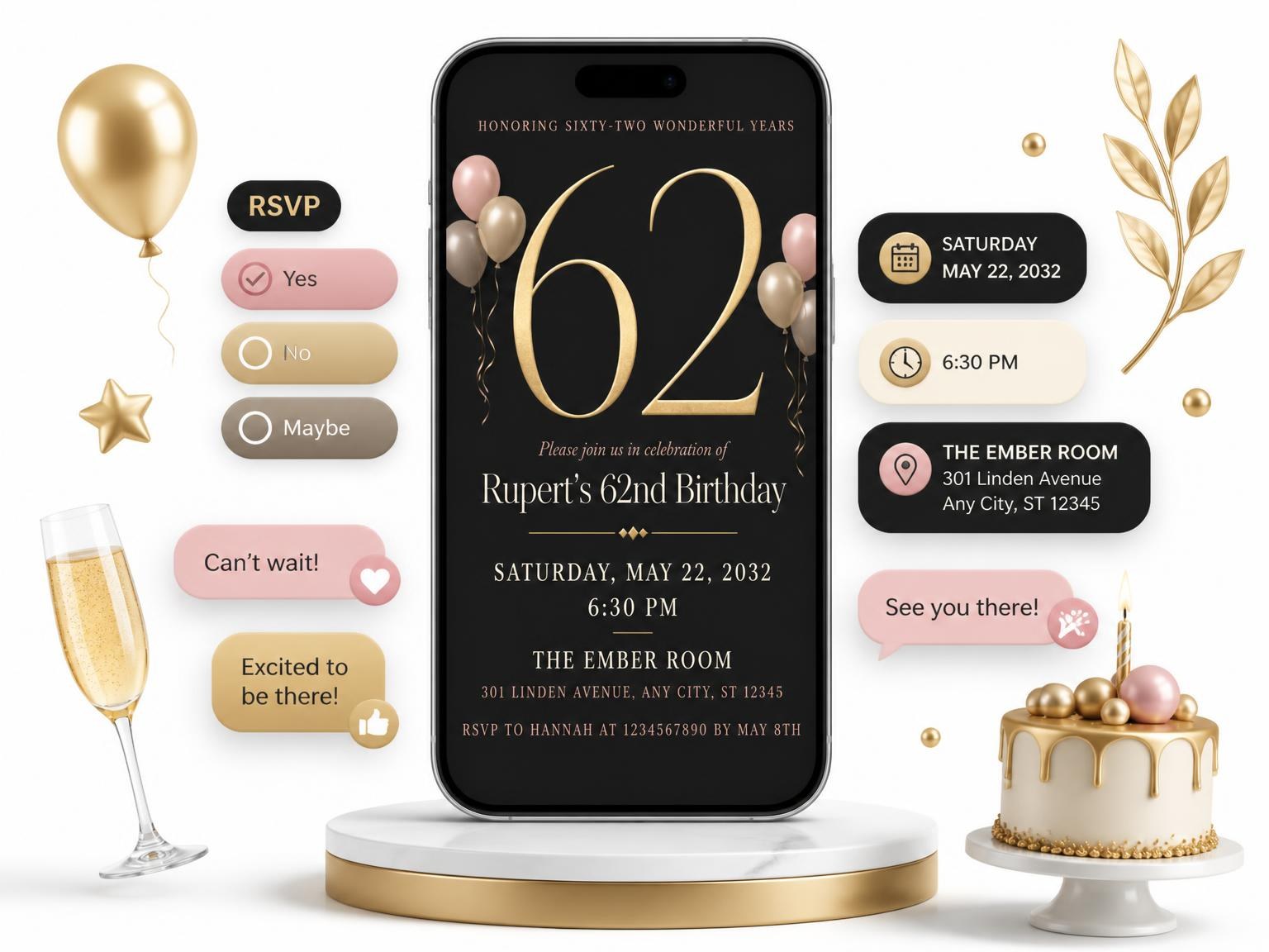 The Charcoal and Blush 62nd Birthday Invitation invitation on a phone, with guest RSVPs arriving around it