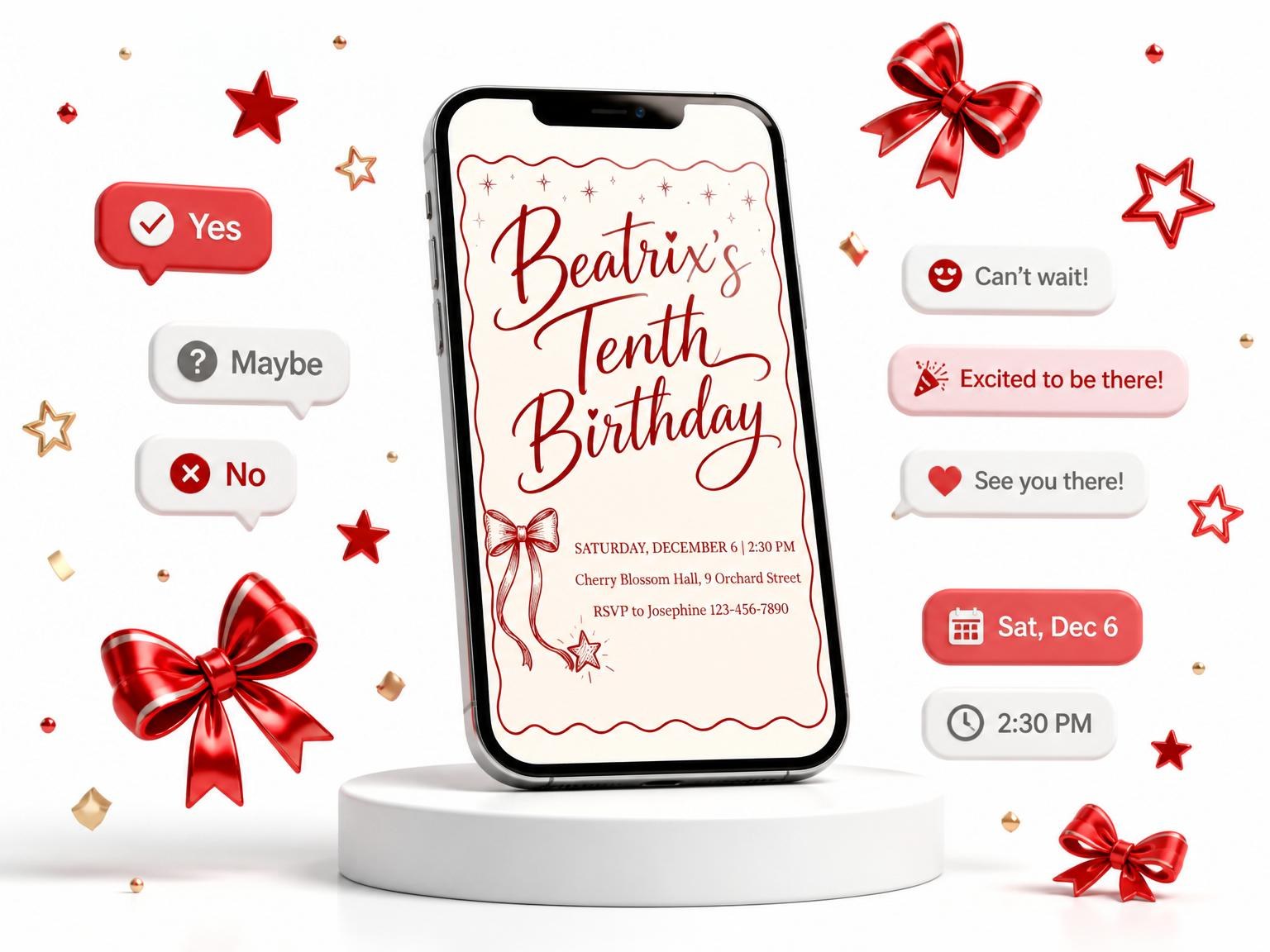 The Cream and Red Bow 10th Birthday Invitation invitation on a phone, with guest RSVPs arriving around it