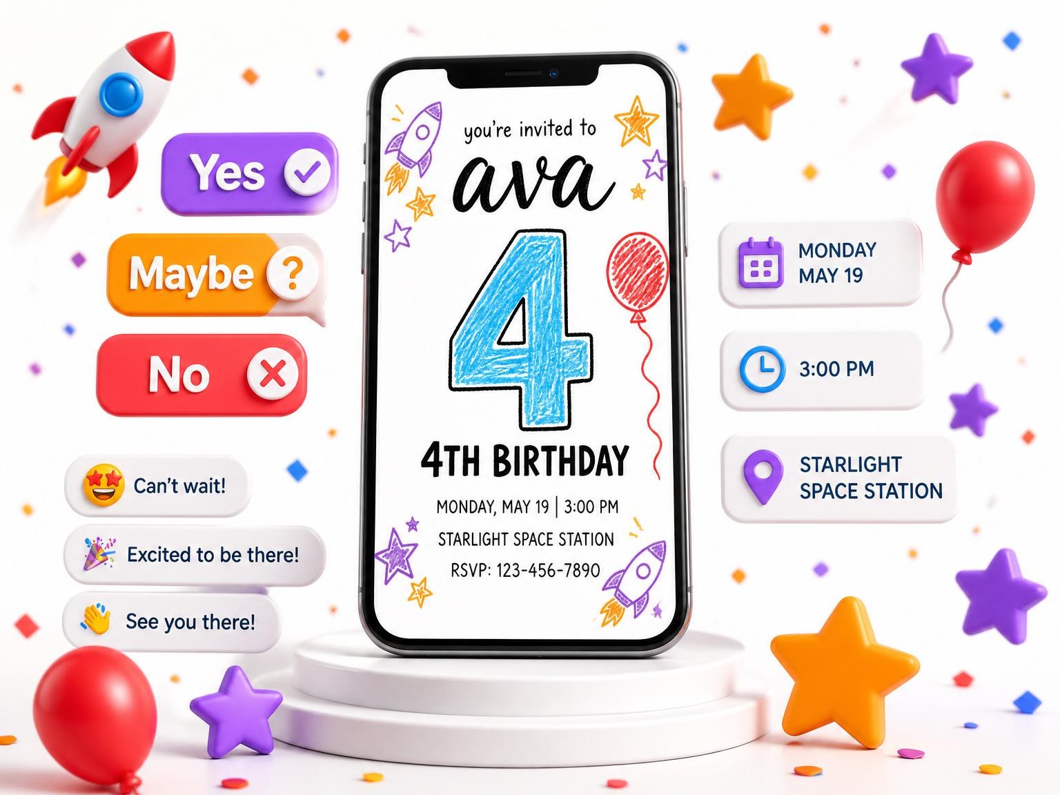 The Crayon Space Rocket 4th Birthday invitation on a phone, with guest RSVPs arriving around it