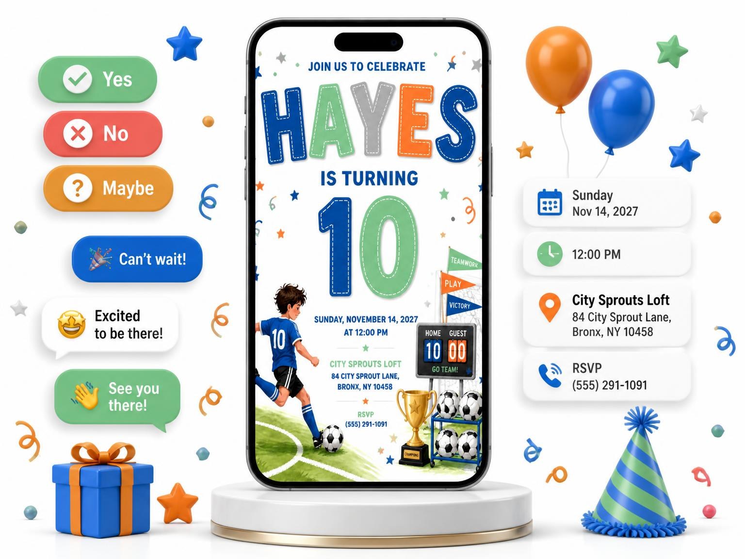 The Goal Pennants Stitched 10th Birthday Invitation invitation on a phone, with guest RSVPs arriving around it