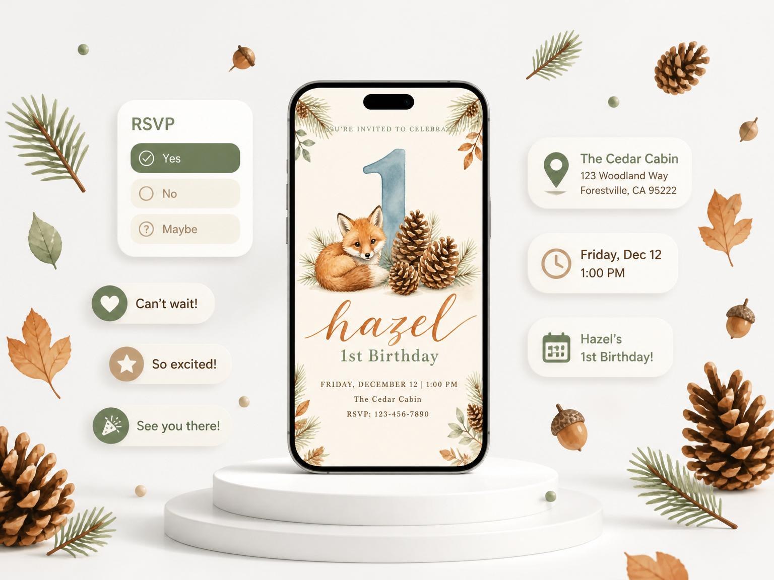 The Watercolor Fox Pinecone 1st Birthday invitation on a phone, with guest RSVPs arriving around it