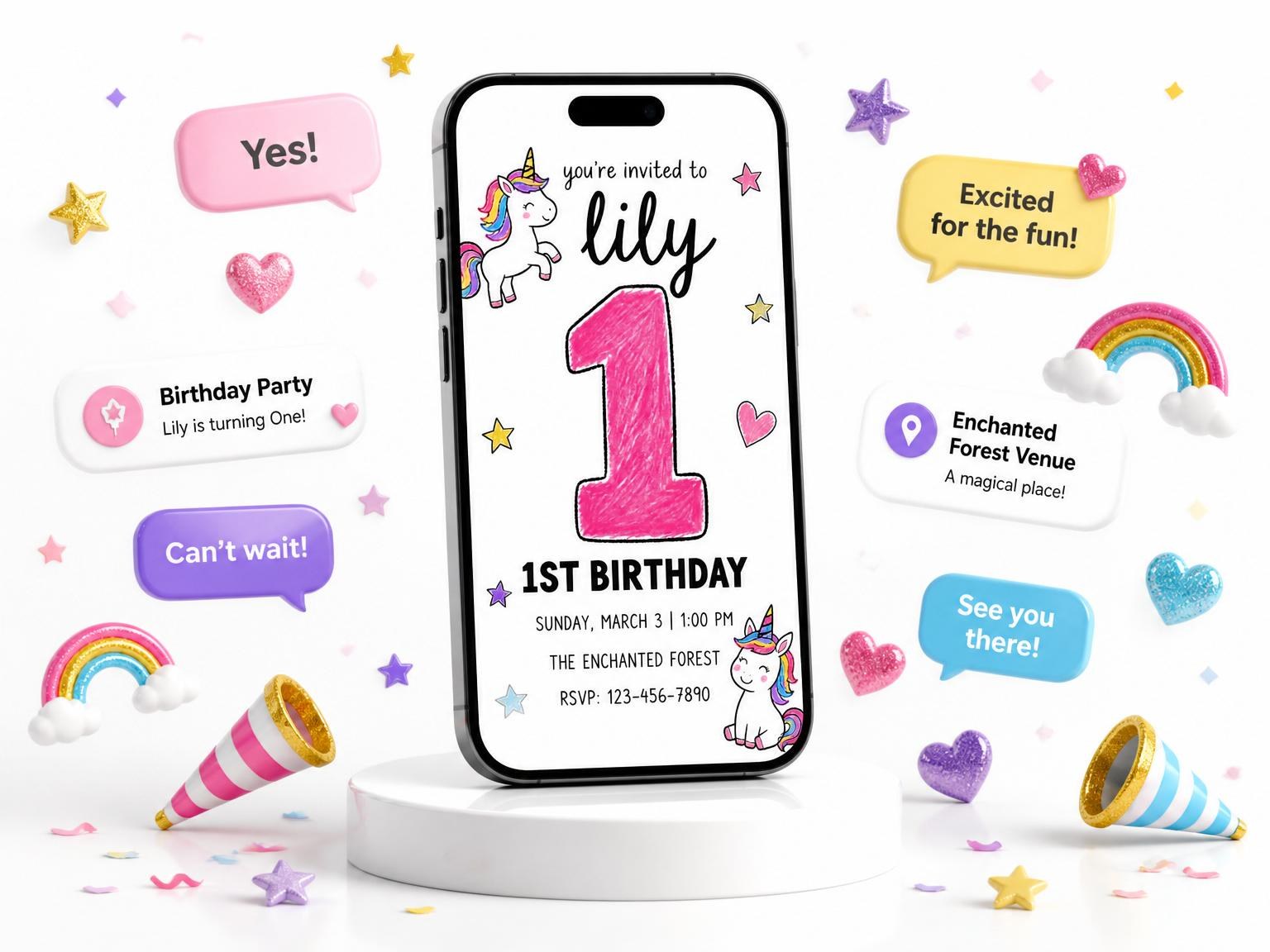 The Crayon Unicorn Star 1st Birthday invitation on a phone, with guest RSVPs arriving around it