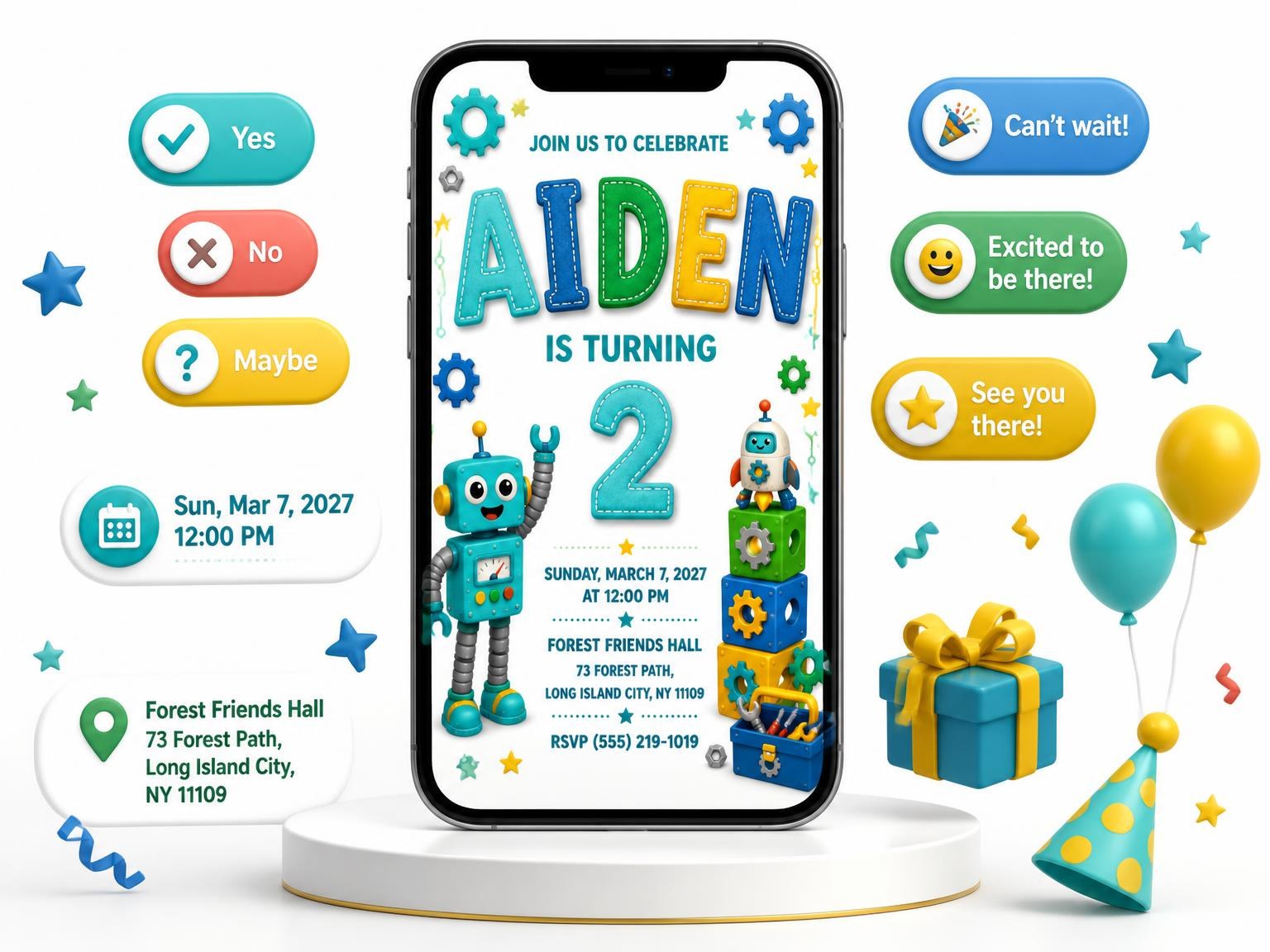 The Friendly Robot Stitched 2nd Birthday Invitation invitation on a phone, with guest RSVPs arriving around it