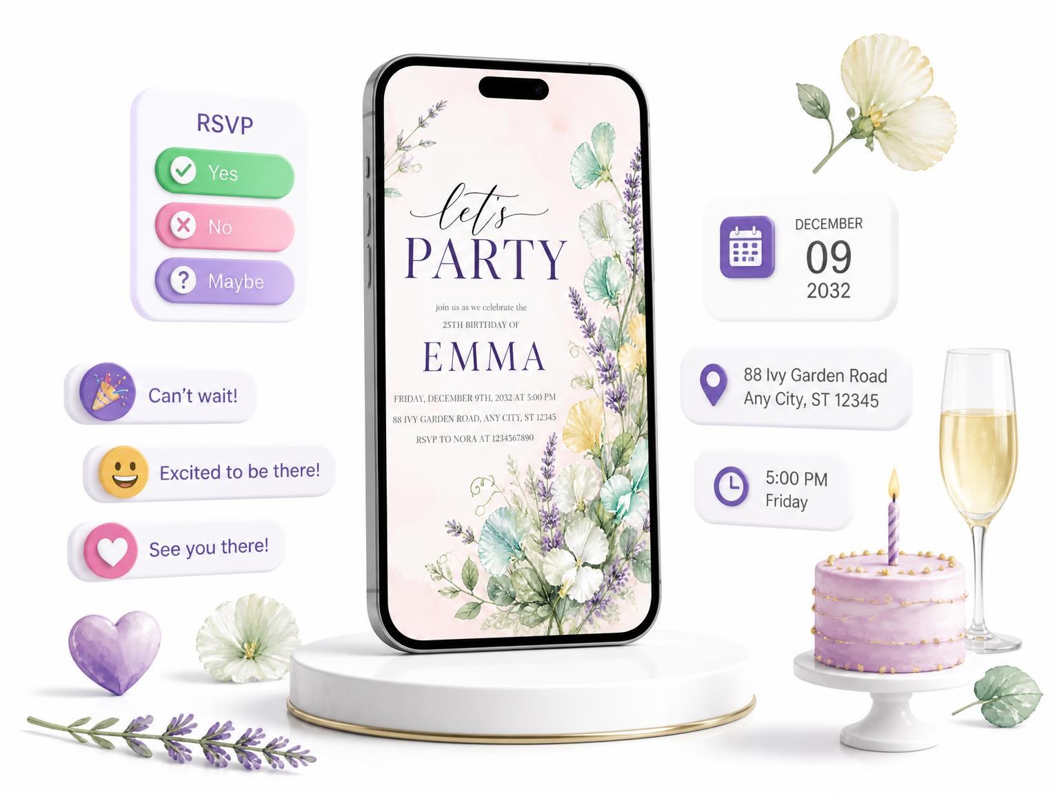 The Lavender Floral Mint 25th Birthday Invitation invitation on a phone, with guest RSVPs arriving around it