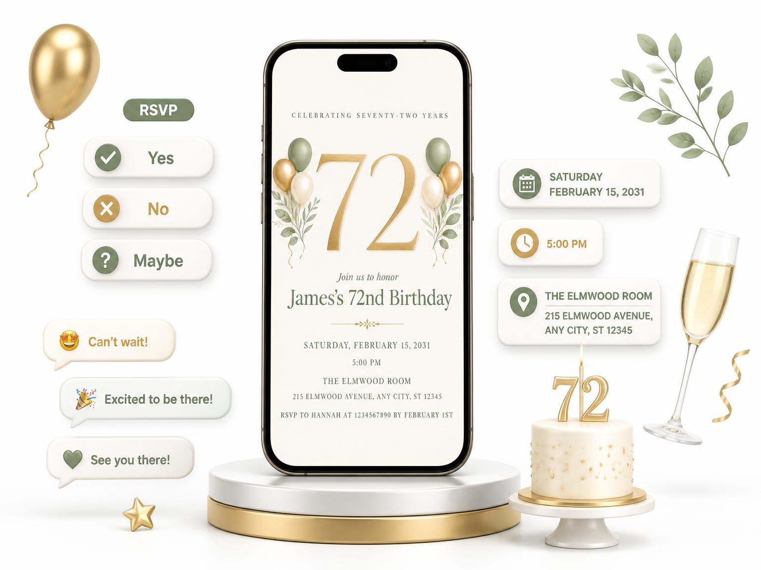 The Sage and Ivory 72nd Birthday Invitation invitation on a phone, with guest RSVPs arriving around it