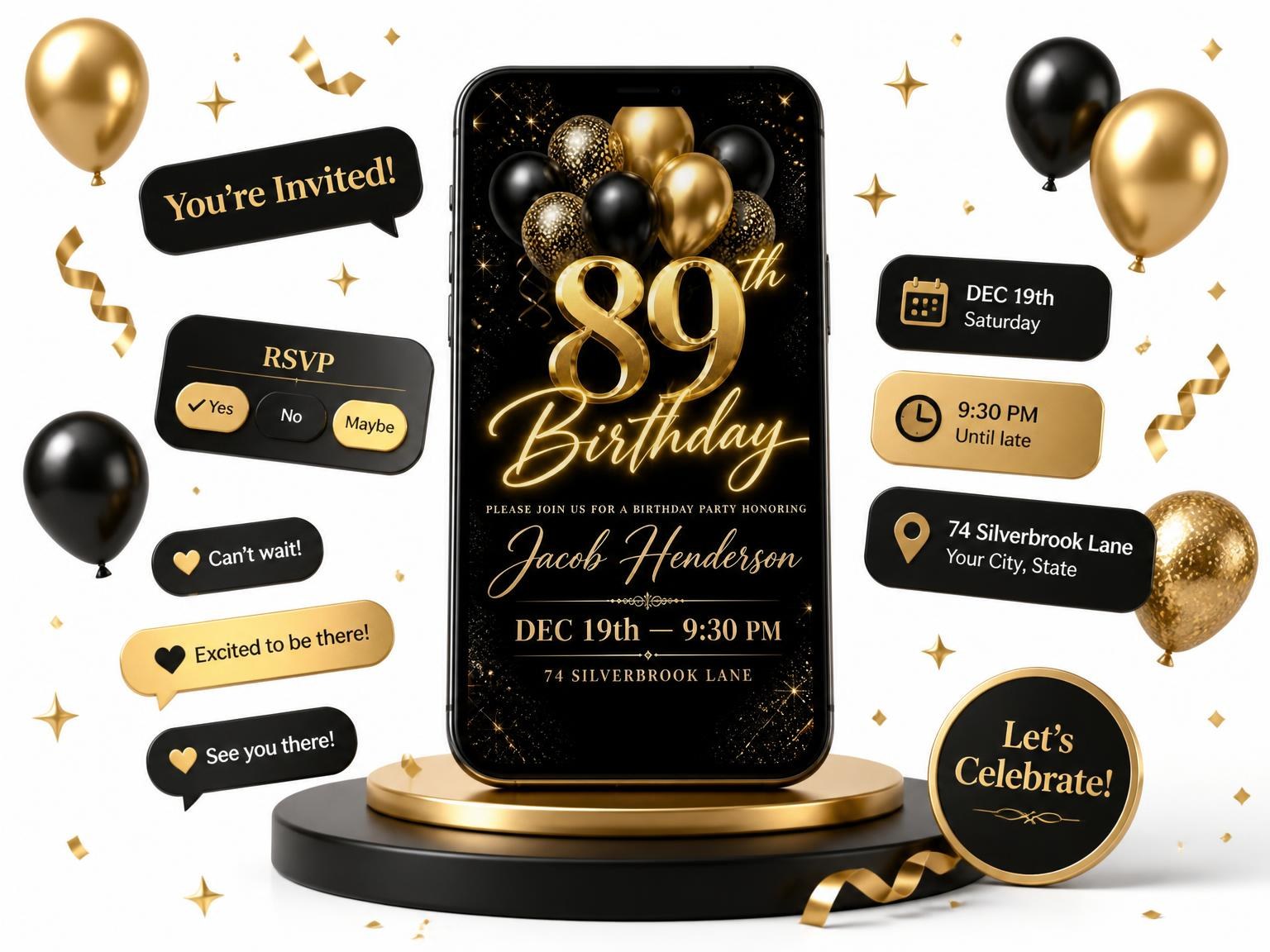 The Black and Gold Balloon 89th Birthday invitation on a phone, with guest RSVPs arriving around it