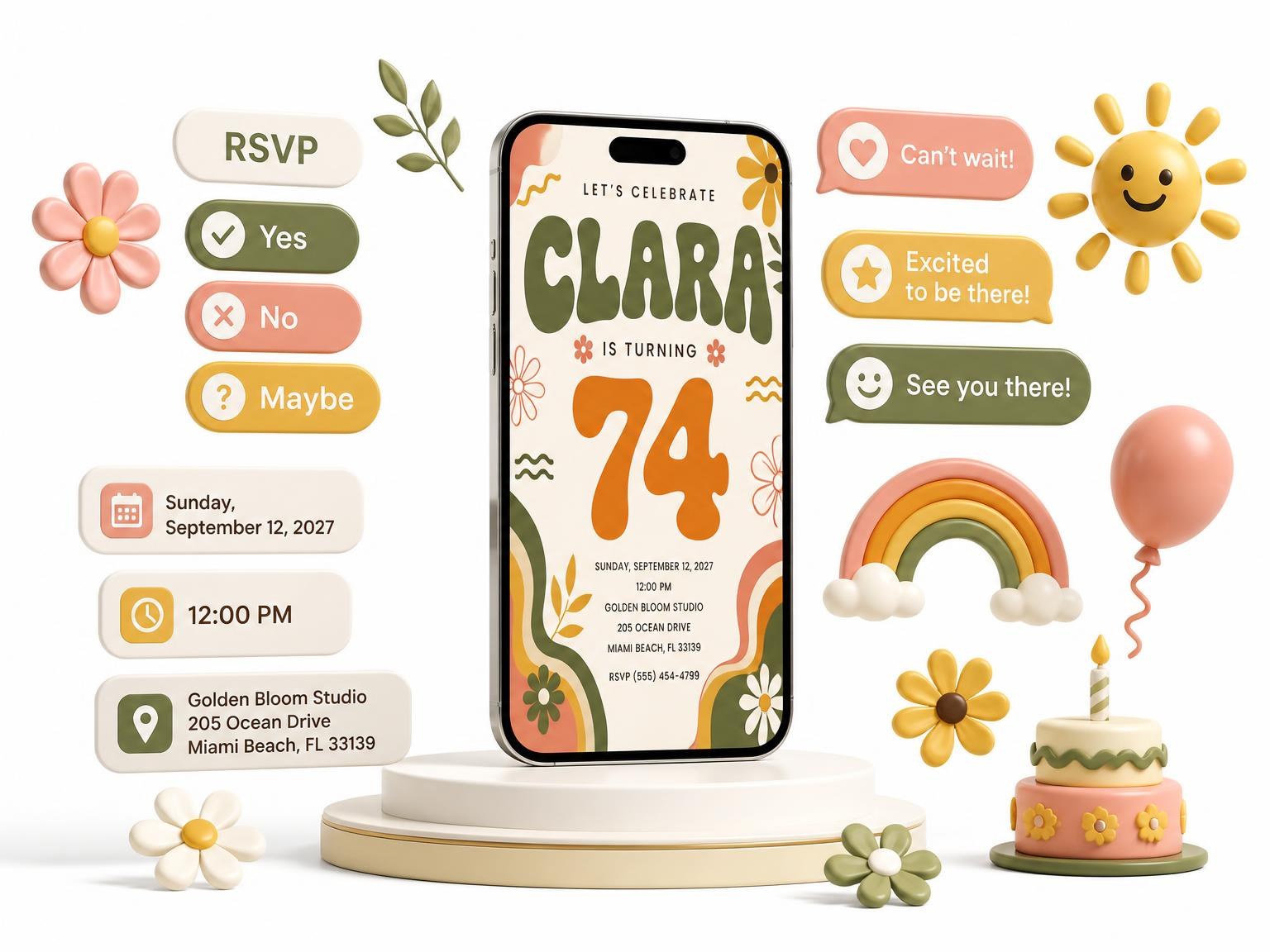 The Groovy Retro 74th Birthday Invitation invitation on a phone, with guest RSVPs arriving around it