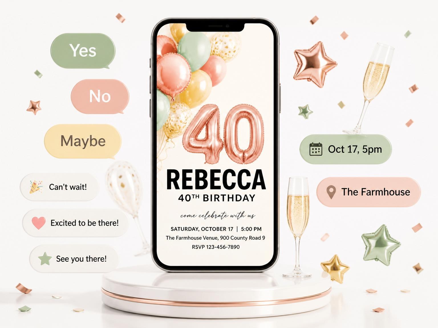 The Rose Gold Balloon 40th Birthday invitation on a phone, with guest RSVPs arriving around it