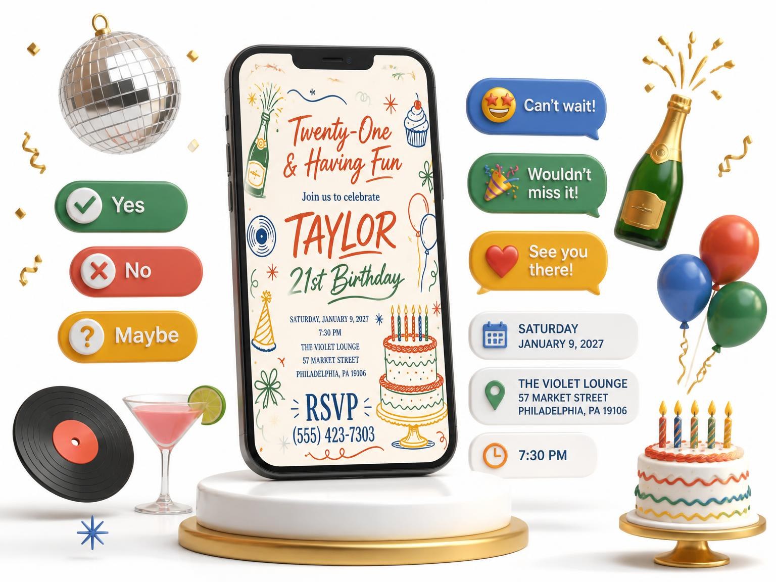 The Retro Doodle 21st Birthday Invitation invitation on a phone, with guest RSVPs arriving around it