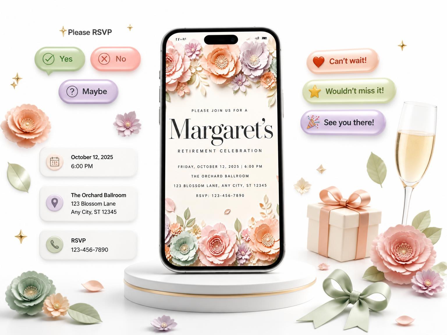 The Petals Leaves Retirement Celebration Invitation invitation on a phone, with guest RSVPs arriving around it