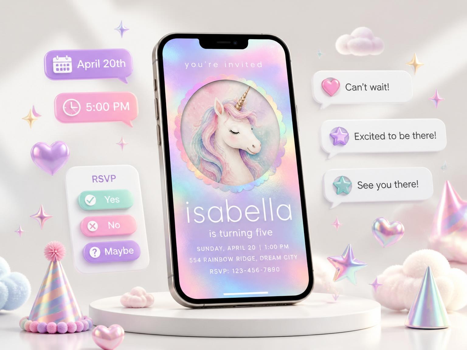 The Holographic Unicorn 5th Birthday Invitation invitation on a phone, with guest RSVPs arriving around it
