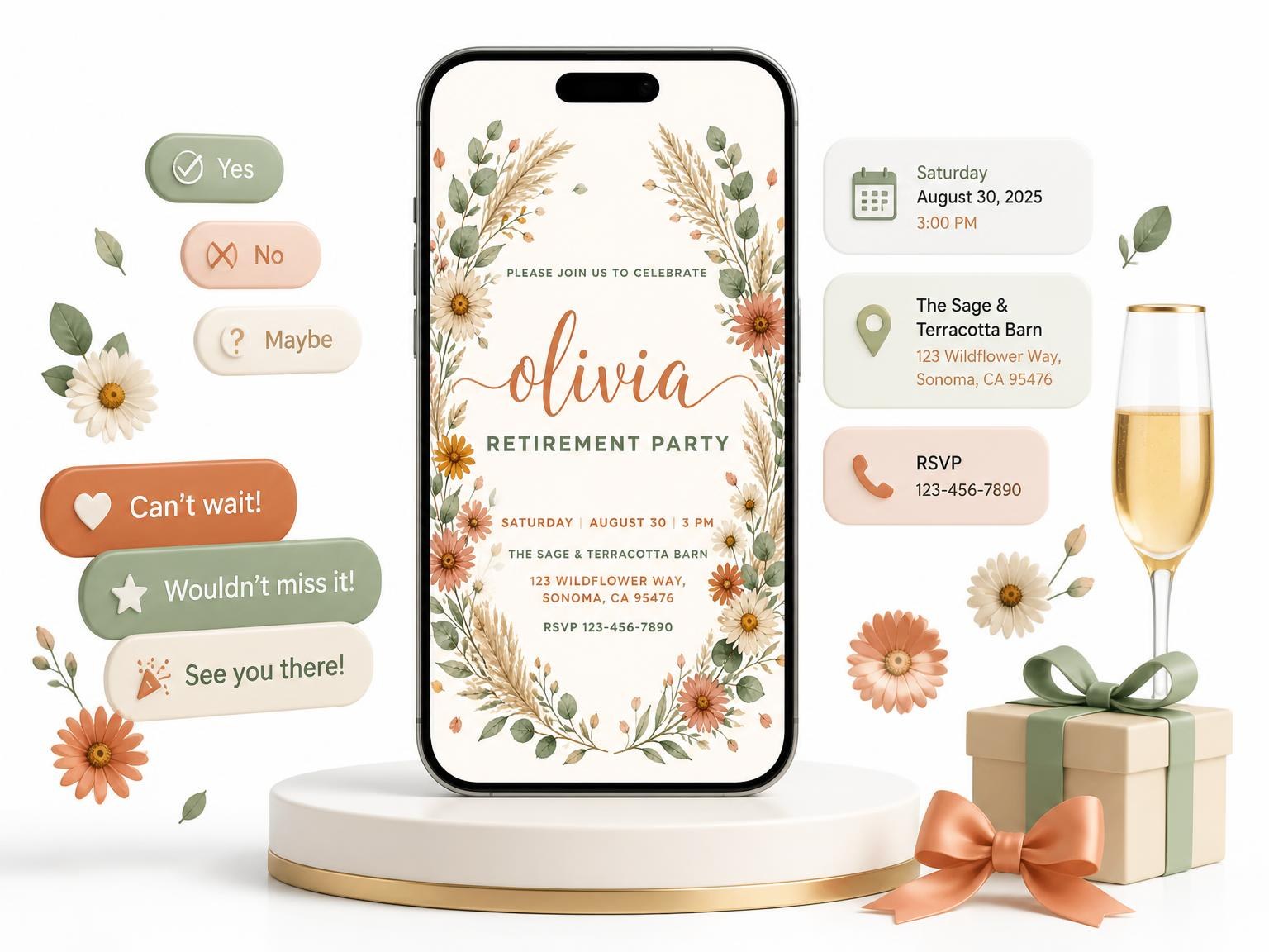 The Oval Wreath Retirement Party Invitation invitation on a phone, with guest RSVPs arriving around it