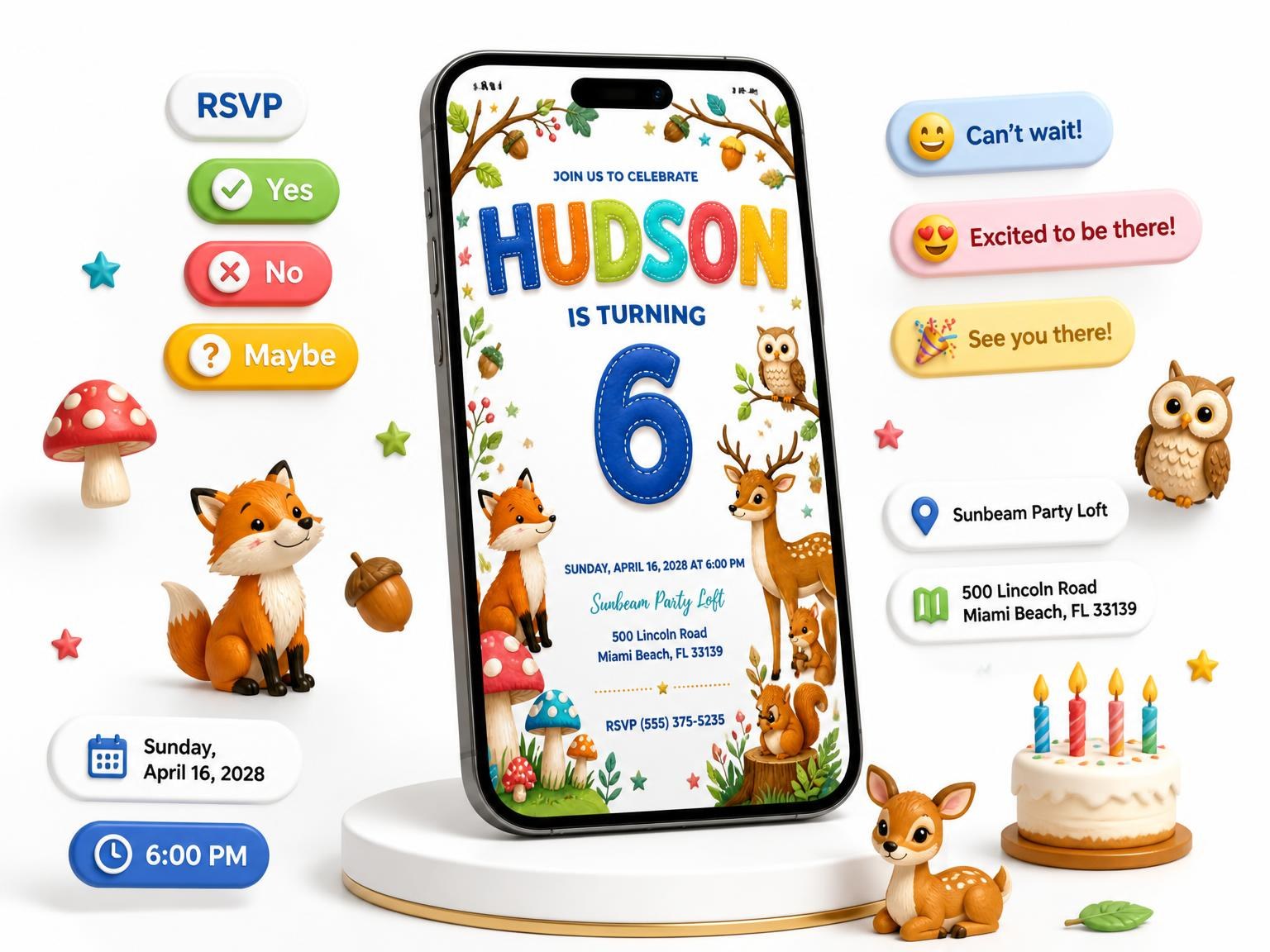 The Stitched Woodland 6th Birthday Invitation invitation on a phone, with guest RSVPs arriving around it