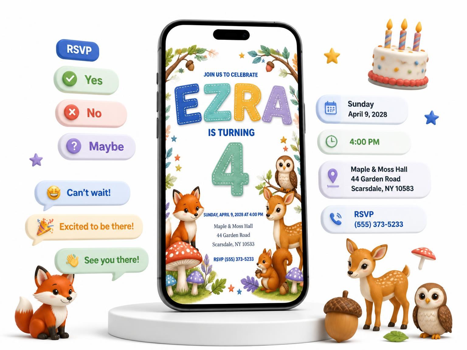 The Stitched Woodland 4th Birthday Invitation invitation on a phone, with guest RSVPs arriving around it