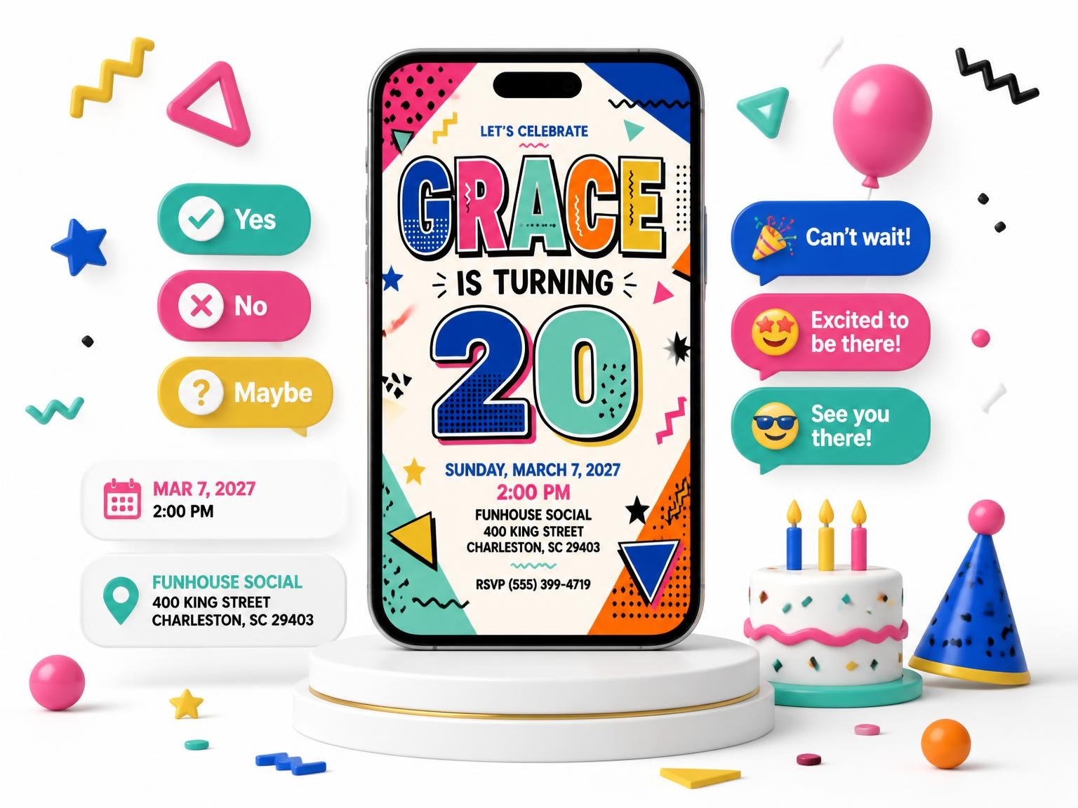 The Memphis Pop 20th Birthday Invitation invitation on a phone, with guest RSVPs arriving around it