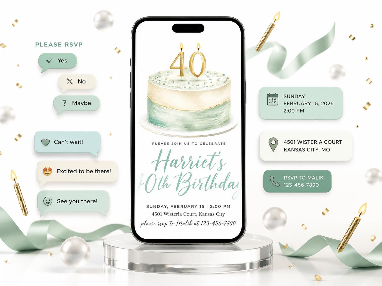 The Sage Green Watercolor Cake 40th Birthday invitation on a phone, with guest RSVPs arriving around it