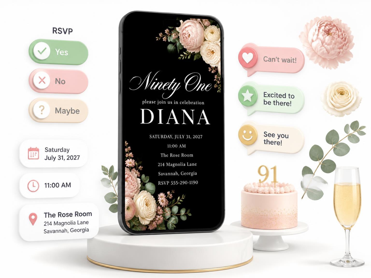 The Black Floral 91st Birthday Invitation invitation on a phone, with guest RSVPs arriving around it