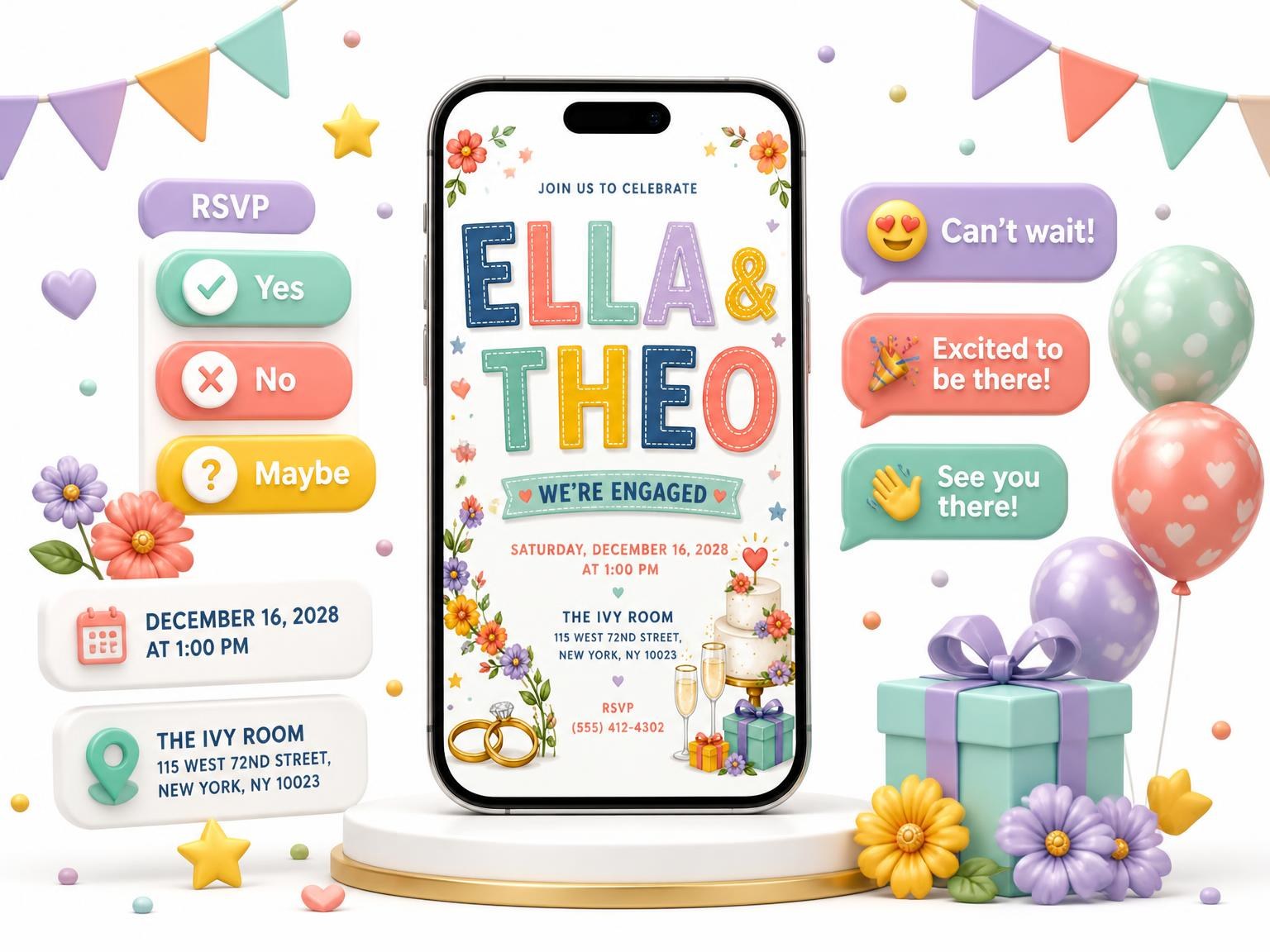 The Gift Boxes Engagement Party Invitation invitation on a phone, with guest RSVPs arriving around it
