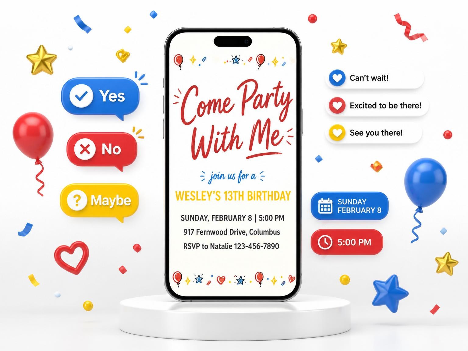 The Doodle Motif Cream 13th Birthday Invitation invitation on a phone, with guest RSVPs arriving around it