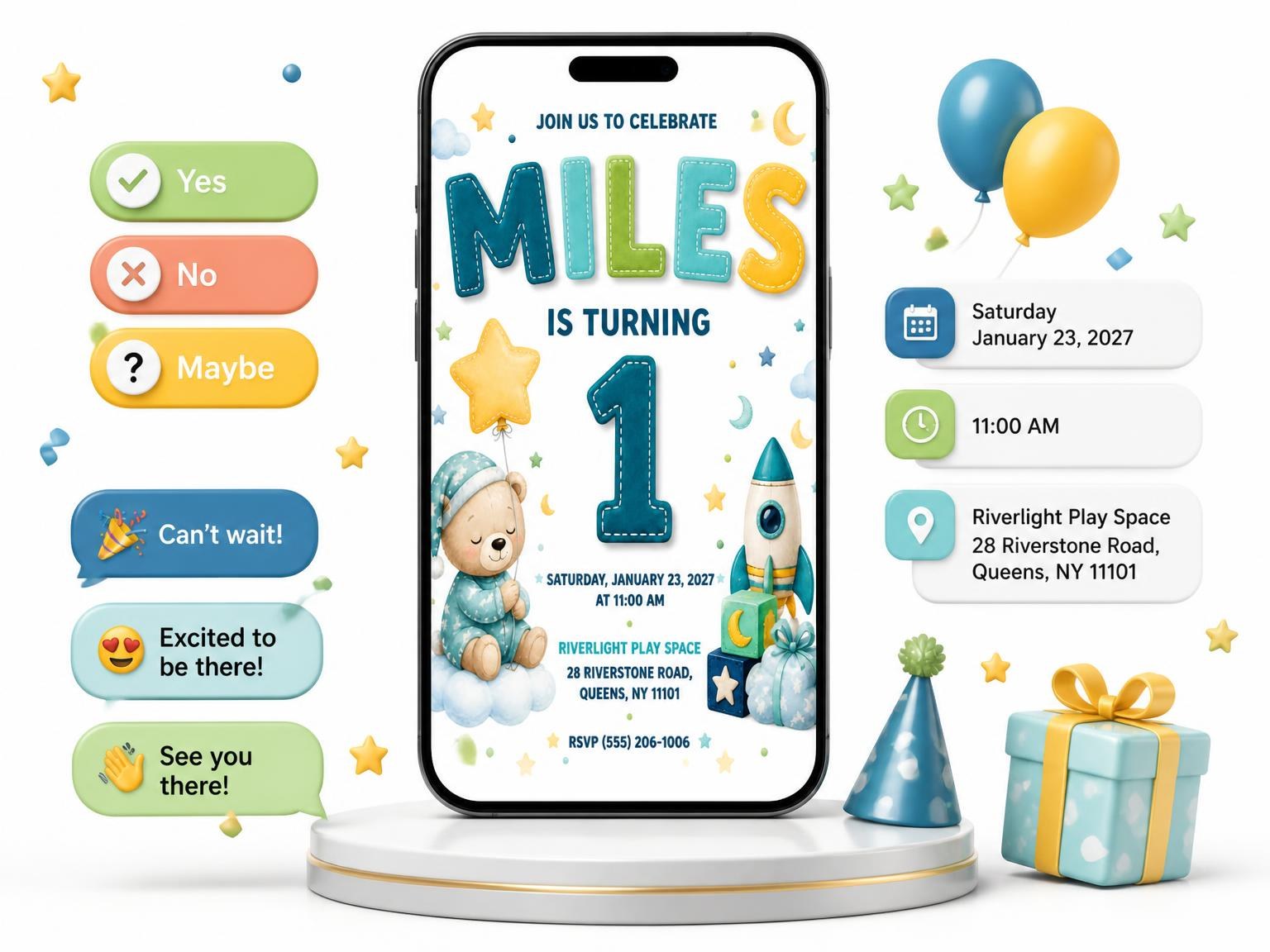 The Crescent Moons Stitched 1st Birthday Invitation invitation on a phone, with guest RSVPs arriving around it